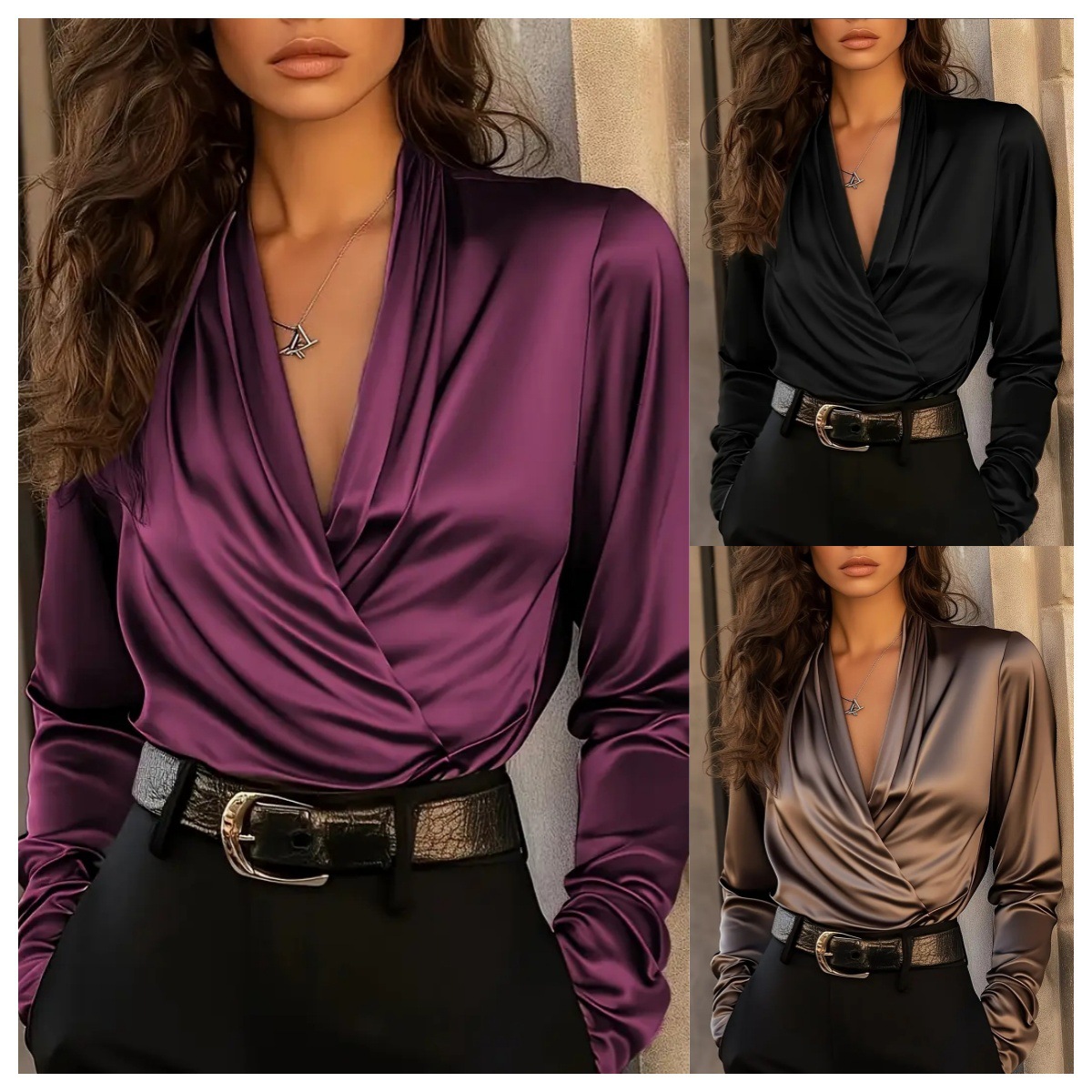 Women'S Formal Wear Blouse - Women's Satin Wrap V Neck Long