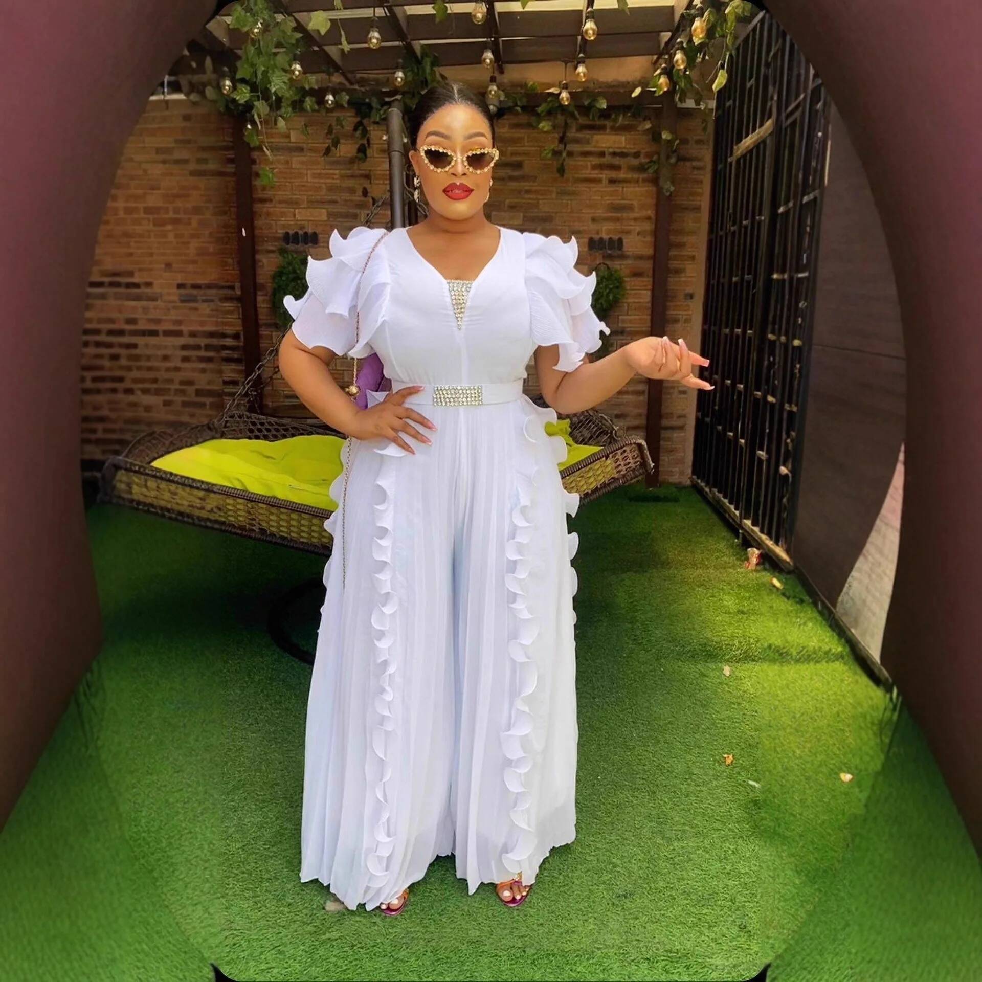 Women Formal Wear For Office - Plus Size Women's V-neck Ruffle Jumpsuit