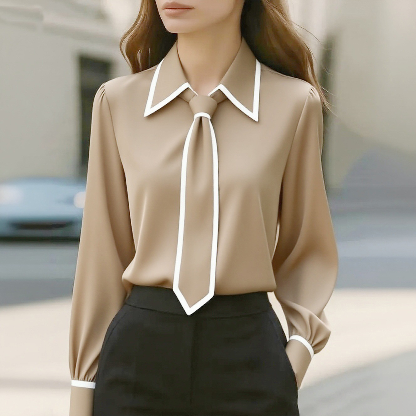 Women's Contrast Trim Tie Neck - đánh giá và giá Women'S Formal Wear Blouse